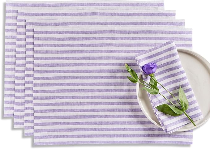Solino Home Linen Cloth Placemats Set of 4 - Amalfi Stripe 100% Pure Linen Violet and White Farmhouse Placemats 14 x 19 Inch