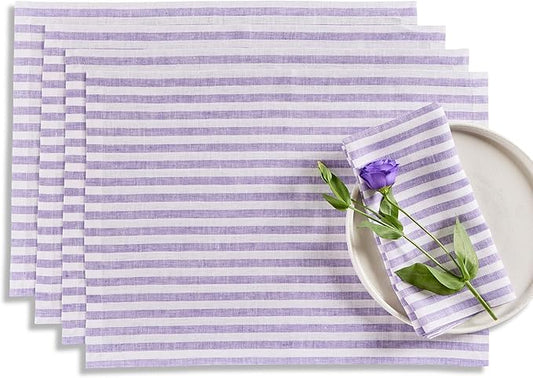 Solino Home Linen Cloth Placemats Set of 4 - Amalfi Stripe 100% Pure Linen Violet and White Farmhouse Placemats 14 x 19 Inch