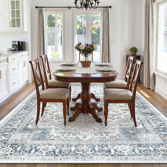 LIVEBOX Washable Area Rug 8x10 - Large Blue Vintage Tribal Living Room Rug Oriental for Bedroom, Non-Slip Retro Medallion Carpet Print Distressed for Dining Room Guest Office