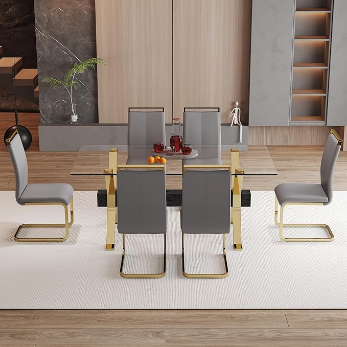 7 Piece Glass Dining Table Set, Kitchen Table Chairs Set for 6, 71'' Dining Table with 0.4" Tempered Glass Tabletop with Plated Metal Legs and MDF Crossbar, 6 PU Chairs for Dining Room, Kitchen.