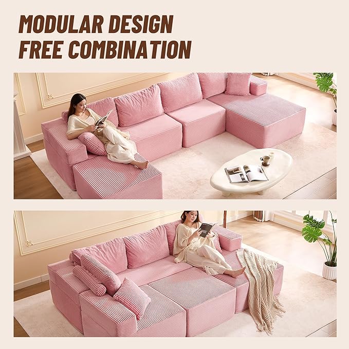 138" Boneless Couch with Deep Seat, Modular Sectional Sofa, Cloud Sectional Couch for Living Room, No Assembly Required, Corduroy, U-Shape 4 Seater Right, Pink