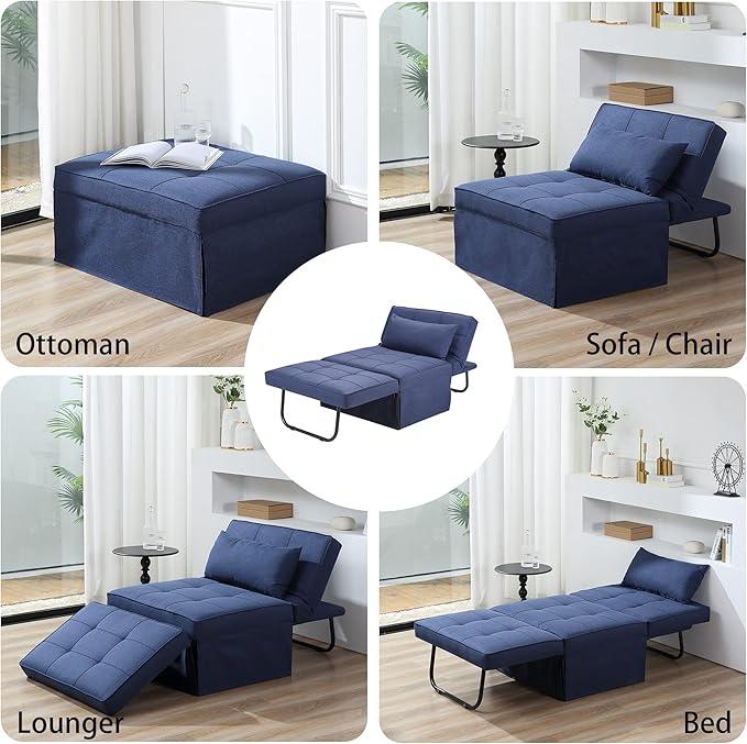 BIGSYY Sofa Bed, 4 in 1 Multi-Function Folding Ottoman Breathable Linen Couch Bed with Adjustable Backrest Modern Convertible Chair for Living Room Apartment Office, Blue