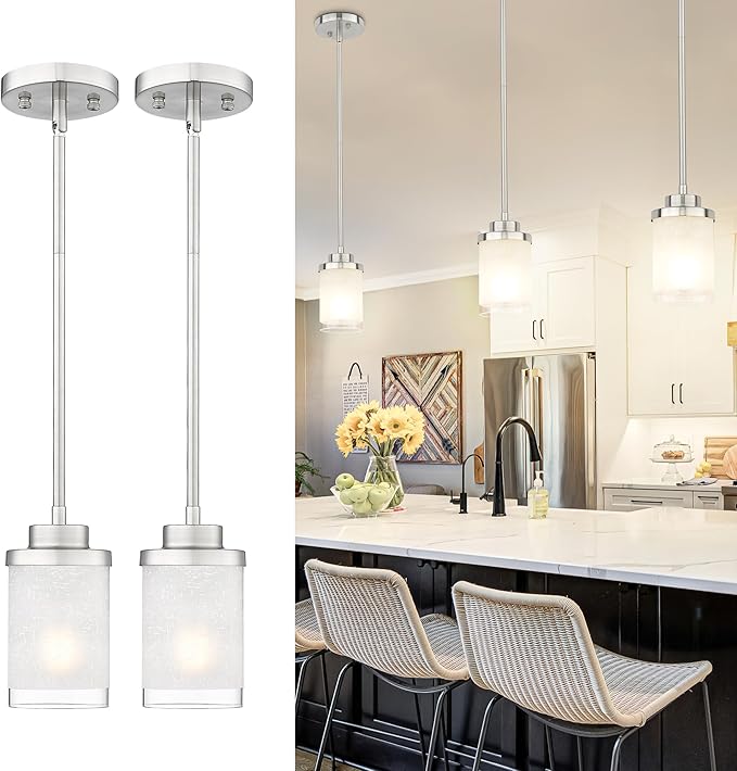 TENGXIN Modern Pendant Light for Kitchen Island, Brushed Nickel Hanging Ceiling Light Fixture,Farmhouse Pendant Lighting for Dining Room Bedroom Bar Office 2Pack,TXPLBN01-2PK