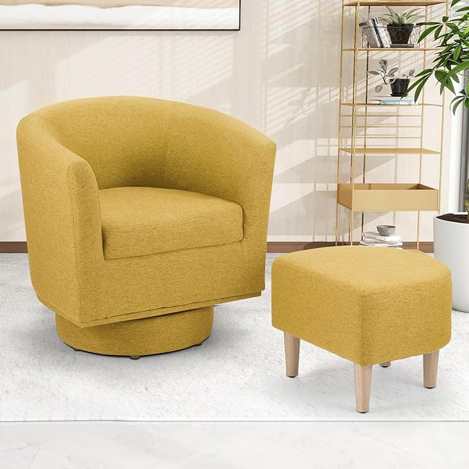 DAZONE Swivel Accent Chair with Ottoman, Modern 360° Barrel Chairs for Living Room, Bedroom, Comfortable Upholstered Club Tub Reading Chair, Yellow