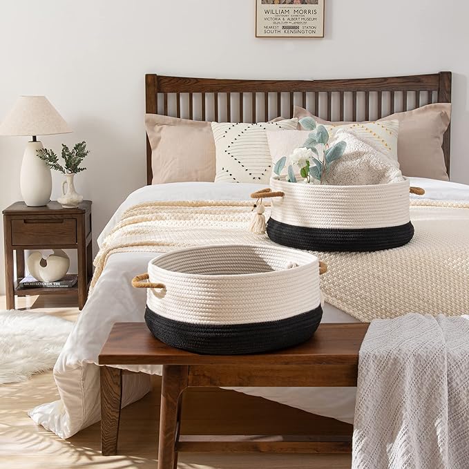 KAKAMAY Woven Baskets for Storage(16"x8"),Blanket Basket for Organizing Living Room,Cotton Rope Basket Woven Baby Laundry Hamper,Collapsible Laundry Room Organization,Clothes,Toy Chest(Black)