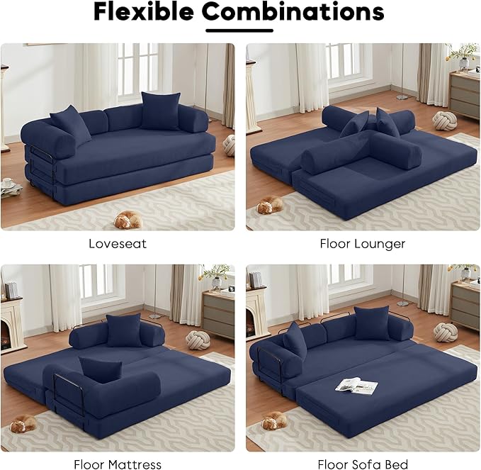 Convertible Sleeper Sofa Bed with Cylindrical Pillow, Corduroy Folding Boneless Couch with Fixed-Shape Frame, Floor Sofa Lounge Couch for Living Room Bedroom Lounge Studio-Blue