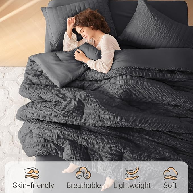 MUXHOMO 5 Pieces Twin Comforter Set, Seersucker Bed in a Bag Twin Size, All Season Luxury Bedding Set with Comforter, Flat Sheet, Fitted Sheet, Pillowcase & Sham, Dark Grey