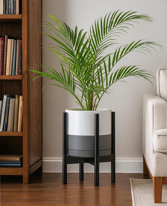 D'vine Dev Ceramic Planter with Ebony Stand - 10 Inch Modern Round Flower Pot with Wood Planter Holder, White/Grey, 55-B-L-6