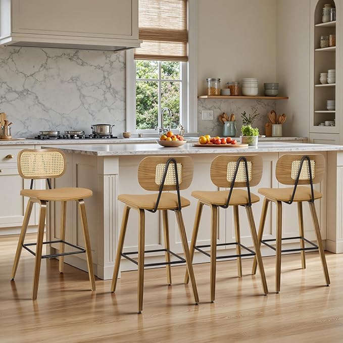 Counter Height Bar Stools Set of 4, 26" Mid Century Modern Rattan Bar Stools for Kitchen Counter PU Leather Upholstered Barstool with Wood Legs, Counter Height Island Stool Chair, Brown & Walnut