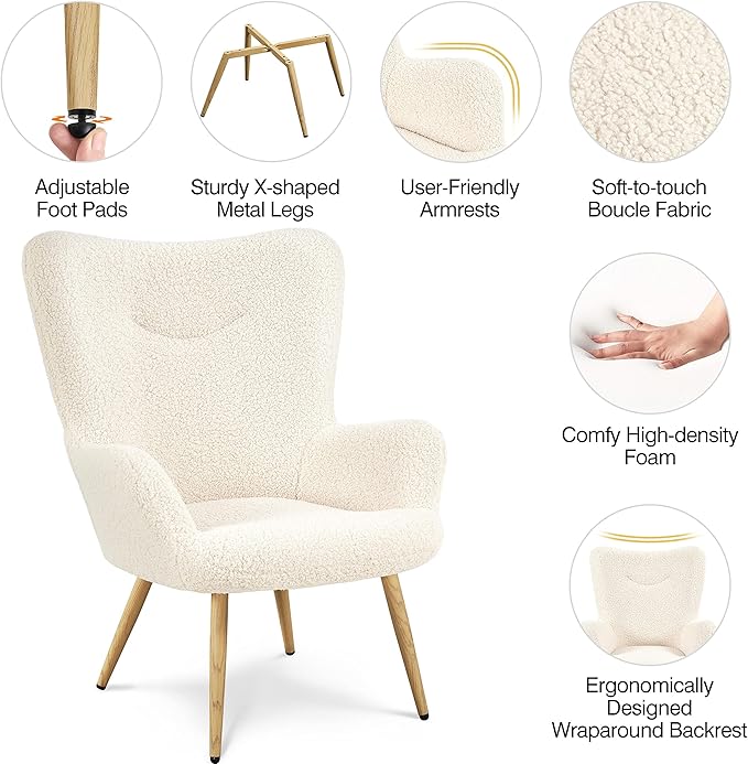Yaheetech Accent Chair, Modern Boucle Vanity Chair with High Back and Wood-Tone Metal Legs, Sherpa Chair for Living Room, Home Office, Ivory