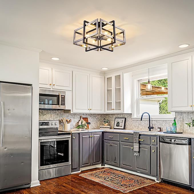 TOCHIC Flush Mount Ceiling Light, Black and Brushed Nickel Farmhouse Flush Mount Chandelier 4 Lights Industrial Metal Light Fixture for Dining Room, Living Room, Kitchen, Foyer, Hallway, Bedroom