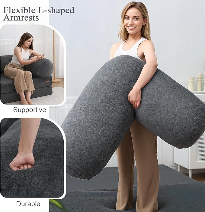 COMAX Folding Sofa Bed Queen, Foldable Couch Bed, Fold Out Futon Chair Sleeper for Adults, Convertible Floor Mattress Sofa for Bedrooom Living Room Guest Room, Faux Fur Dark Grey