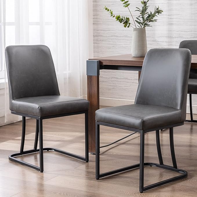 VESCASA Faux Leather Upholstered Dining Chairs with Back, Mid Century Modern Chairs with Black Metal Frame for Dining Room, Restaurant, Kitchen, Set of 2, Charcoal