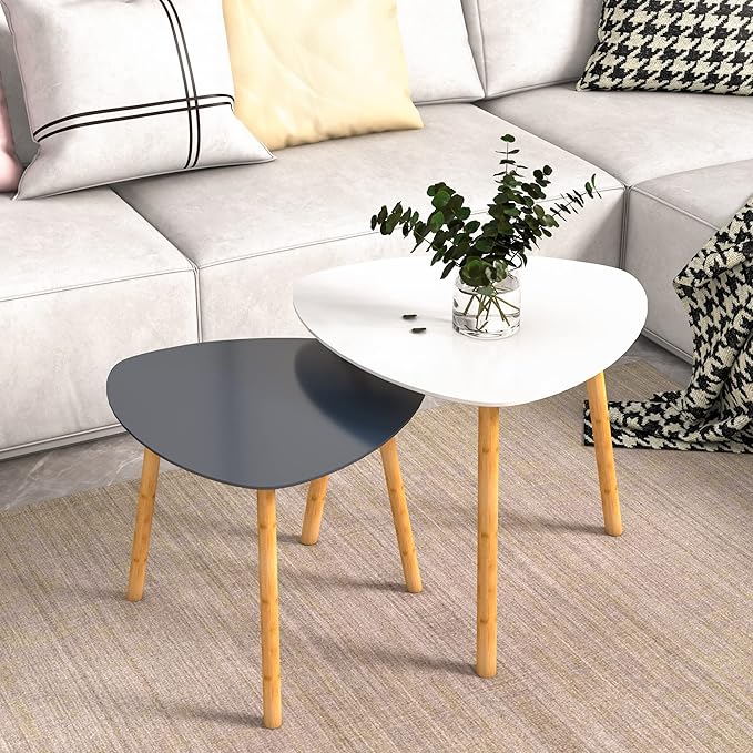 Bambloom Bamboo Nesting Coffee Tables - Small Coffee Table for Living Room, Set of 2 Triangle End Table Modern Side Table for Bedroom Apartment Balcony Yard Small Spaces, (White & Gray)