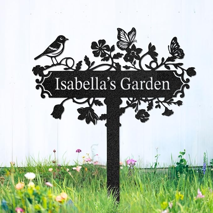 Custom Metal Garden Stake, Personalized Name Sign Decor, Hummingbird Yard Sign with Stakes, Outdoor Gardening Home Decor, Garden Metal Gifts for Gardeners