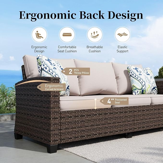 Patio Furniture Set Outdoor Furniture Brown Wicker Rattan Patio Conversation Sets with Cushion Outside Sofa Set,6 Pieces with Rectangular Firepit Table,7 Seats,Beige