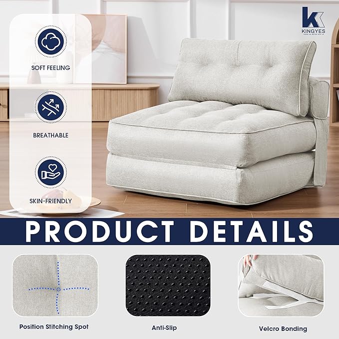 KINGYES Folding Sofa Bed, Convertible Sleeper Chair with Pillow, Foldable Single Futon Chair Floor Sofa Lounge for Living Room, Beige
