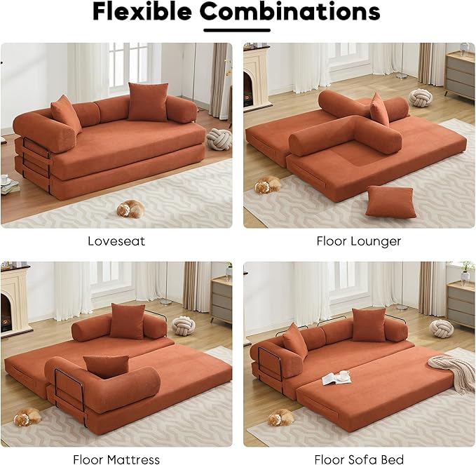 Convertible Sleeper Sofa Bed with Cylindrical Pillow, Corduroy Folding Mattress Couch with Fixed-Shape Frame, Floor Sofa Lounge Couch for Living Room Bedroom Lounge Studio, Orange