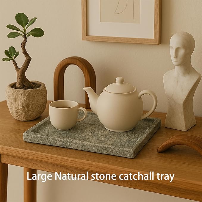 Large Stone Granite Vanity Tray 12 x 8 in - Rectangular Sand-Blasted Non-Slip Organizer with Grooved Edge, Vintage Catchall for Bathroom, Kitchen, Entryway & Bedroom (Imperial Green)