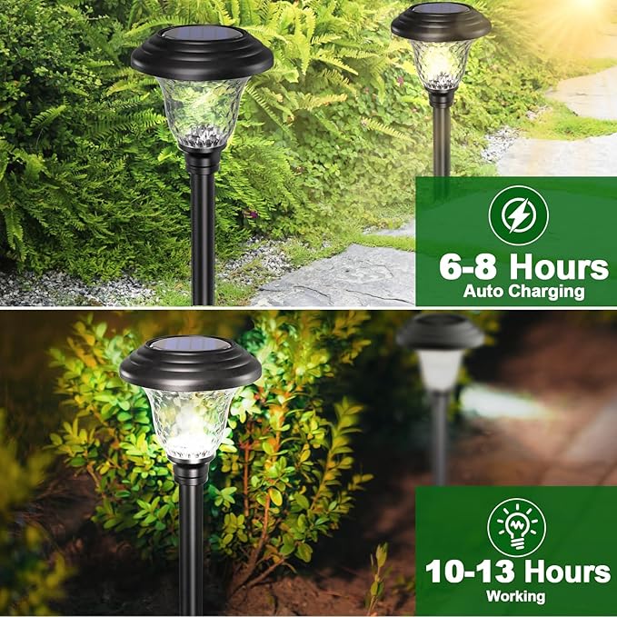 Beau Jardin 8 Pack Solar Pathway Lights Stainless Steel Outdoor Solar Powered Light Waterproof Glass High Lumen for Garden Landscape Path Yard Walkway Patio Driveway Outside White Color Changing Black