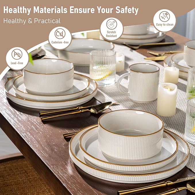 GBHOME Stoneware Dinnerware Sets for 4,Round Reactive Glaze Ceramic Plates and Bowls Set,Highly Scratch Resistant | Dishwasher & Microwave Safe Dishes Set,Service for 4(12Pcs)