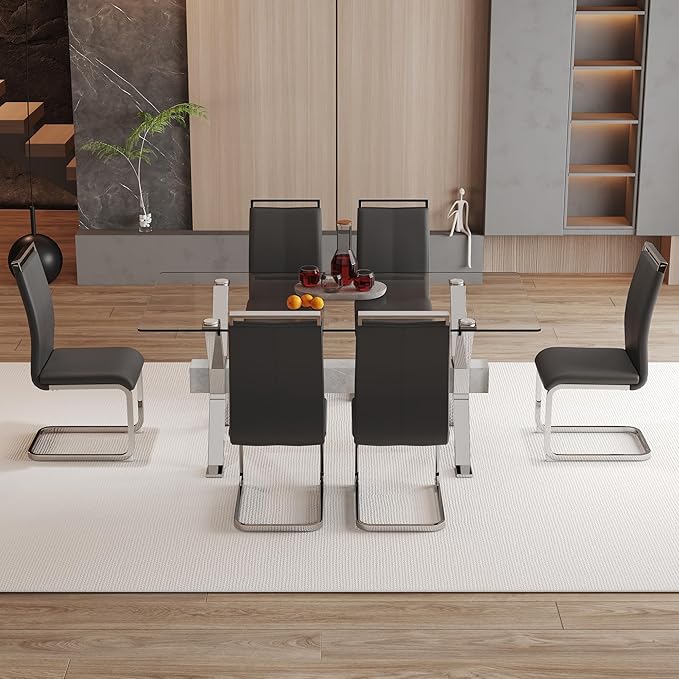7 Piece Glass Dining Table Set, Kitchen Table Chairs Set for 6, 71'' Dining Table with 0.4" Tempered Glass Tabletop with Plated Metal Legs and MDF Crossbar, 6 PU Chairs for Dining Room, Kitchen.