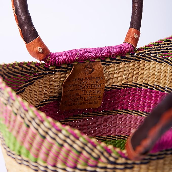 AYÉYA Handwoven African Basket – Winged Style – Wide Open Wicker Tote with Leather Handles – Unique Market or Foraging Basket – Handmade in Ghana