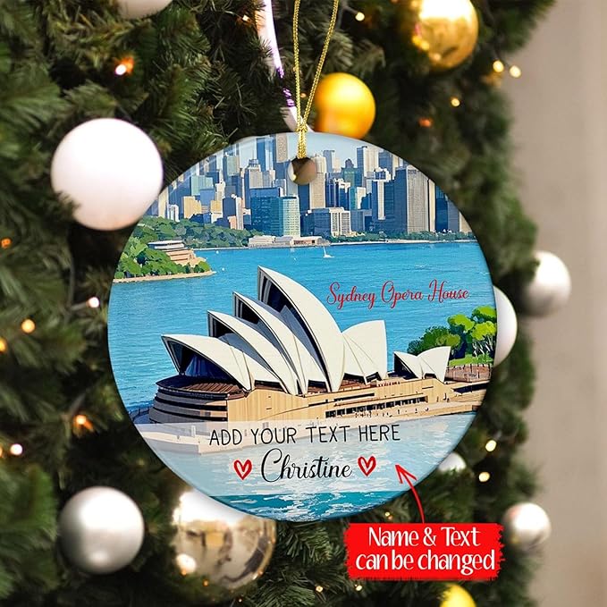 Customized Sydney Opera House Ceramic Christmas Tree Ornament 2025, Personalized Text/Name Australia Travel Souvenir Ornaments, City of Australia Sydney Vacation Trip Xmas Ornament for Travel Lovers