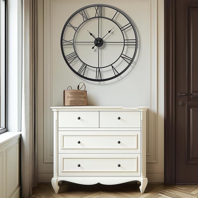 Tatub 32 Inch Large Wall Clock for Living Room Decor, Roman Numeral Modern Round Decorative Metal Large Wall Clock for Bedroom and Kitchen, Silent, Non Ticking, Battery Operated