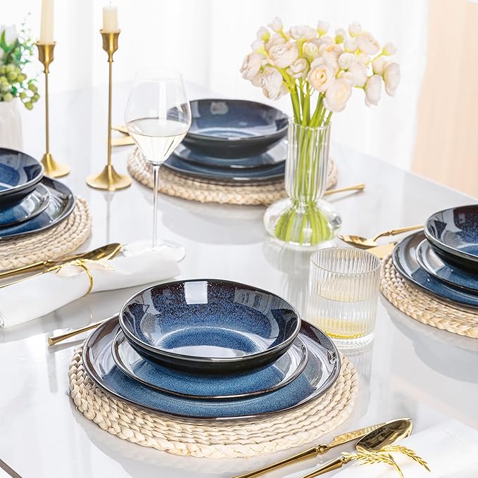 LeRatio Ceramic Dinnerware Sets for 4,Wavy Reactive Glaze Stoneware Plates and Bowls Sets,Highly Scratch Resistant | Dishwasher & Microwave,Oven Safe Dishes Set(12PCS)