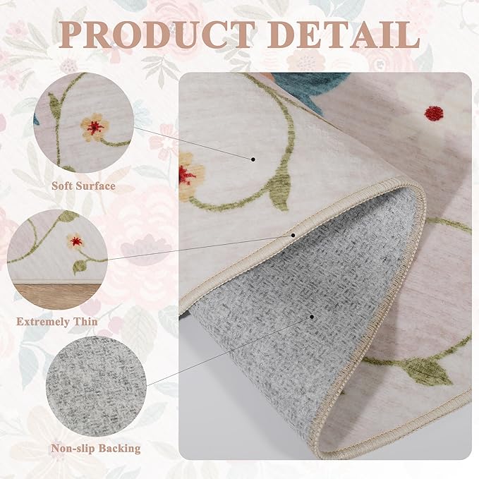 DUKINO 3x10 Runner Rug for Hallway, Washable Kitchen Floral Runner Rug with Non Slip Backing, Low Pile Soft Boho Carpet for Kitchen, Hallway, Entryway, Laundry, Bedroom, Beige