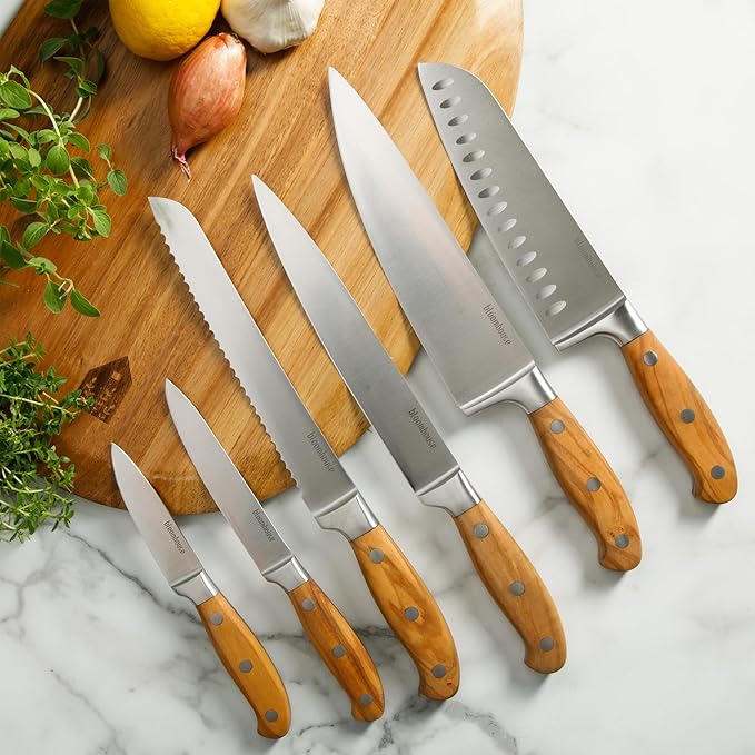 Bloomhouse 7 Piece Italian Olive Wood Kitchen Knife Block Set w/German Forged Stainless Steel Knives