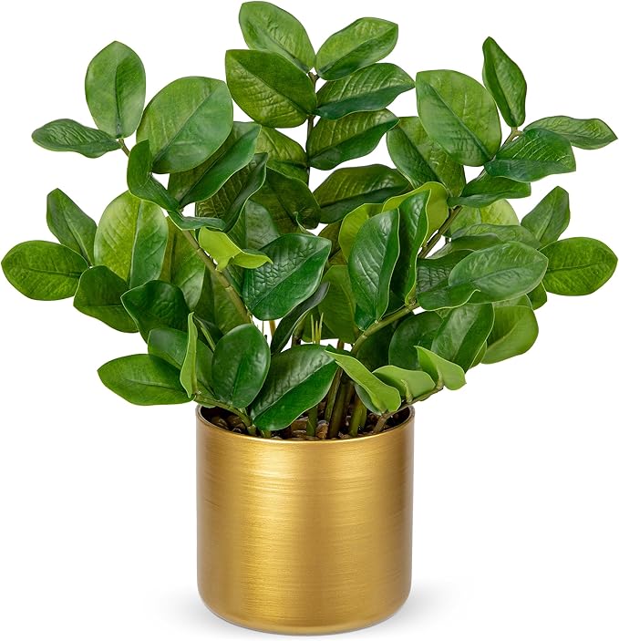 Briful Faux Plants Indoor Artificial ZZ Plant with Gold Pot 15.7in Medium Size Silk Plants Fake Tropical Plants for Home Office Room Kitchen Table Shelf Decoration