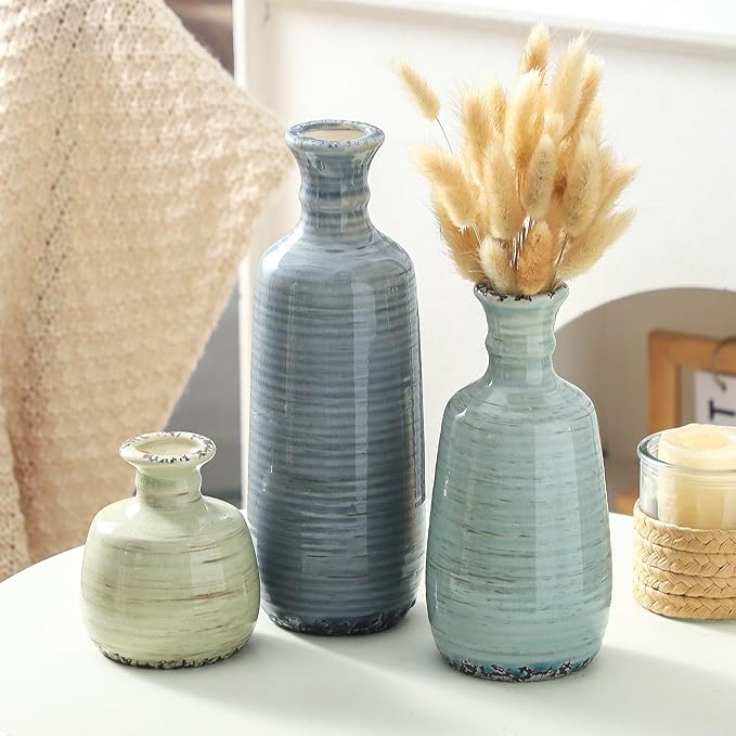 Ceramic Vase Set of 3, Rustic Neutral Vases Home Decor Farmhouse Decorative Flower Vase Modern Boho Pampass Vases for Table Mantel Entryway Shelf Living Room Kitchen Bathroom - Multicolor