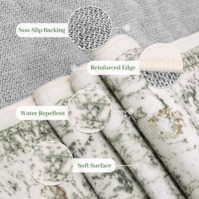 LIVEBOX Washable Area Rug 8x10 - Large Vintage Tribal Living Room Rug Oriental Rugs for Bedroom, Non-Slip Retro Medallion Carpet Print Distressed Rugs for Dining Room Home Office Sage