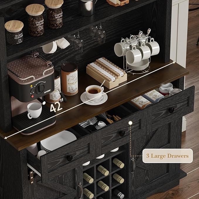 63 Inch Tall Coffee Bar Cabinet with 3-Tier Storage, Kitchen Hutch with 3 Drawers, Farmhouse Coffee Bar with 9 Racks & 3 Glass Holders, Wine Bar Cabinet for Living Dining Room, Black