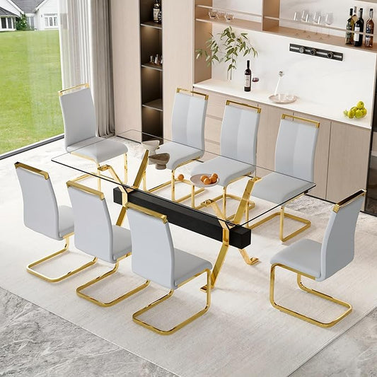 9 Piece Glass Dining Table Set, 79" Modern Dining Table Set for 8, 0.5" Thick Tempered Glass Tabletop with Gold Chrome Metal Legs and Black Crossbar, 8 PU Chairs for Dining Room, Kitchen