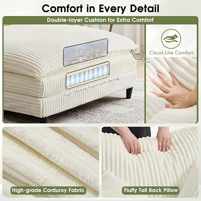 55" W Oversized Chaise Lounge Sofa Couch with 5-Position Adjustable Backrest, Corduroy Sleeper Sofa Bed, Reading Chair ‌with Deep Seat, Cloud Couches for Living Room, Beige