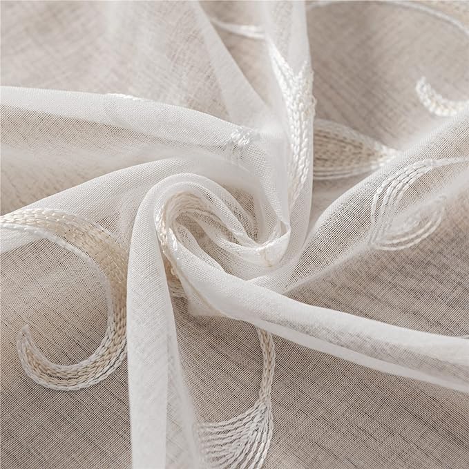 VISIONTEX White Sheer Voile Curtains, Decorative Beige Leaves Embroidery Faux Linen Rod Pocket Window Drapes for Home Kitchen, Living Room and Bedroom 54 x 108 Inch, Set of 2 Curtain Panels