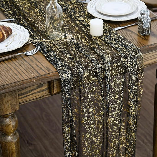 Artoid Mode Black Gold Gauze Table Runner 120 Inch 10FT, Glitter Metallic Foil Sheer Dining Wedding Anniversary Holiday Birthday Table Decor for Home Party