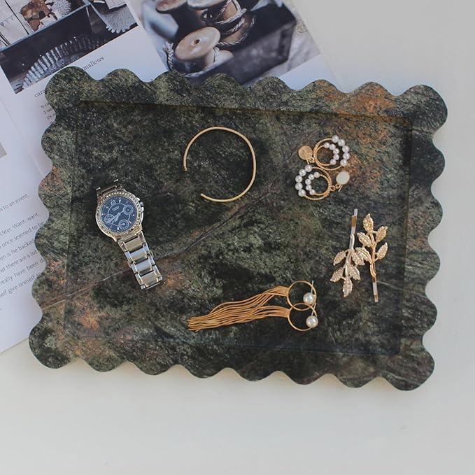 Natural Luxury Scalloped Marble Tray 10.8"x8", Rectangle Vanity Tray for Bathroom Kitchen Counter, Decorative Tray for Dresser Home Decor - Rainforest Green