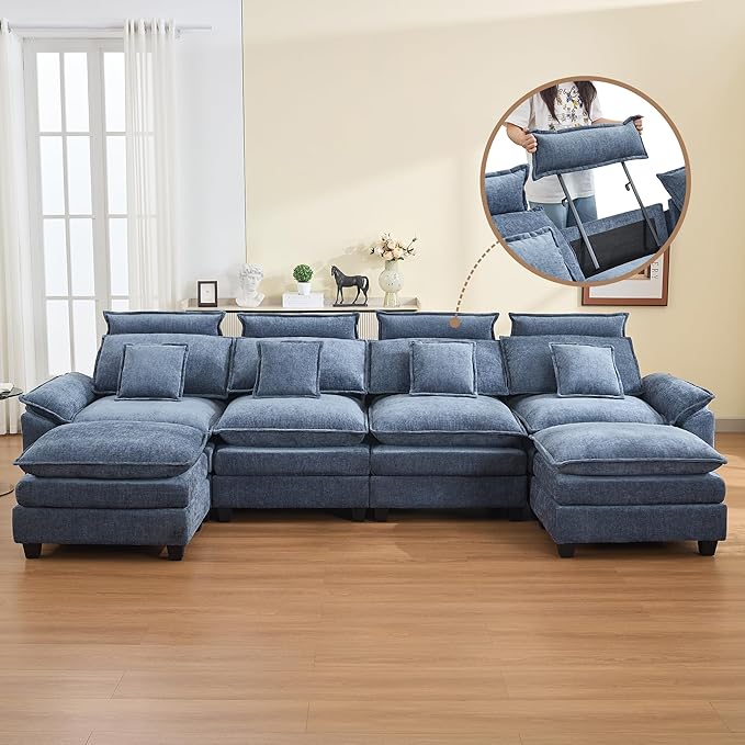 134'' Cloud Modern 4 Seater Couch with Detachable Headrest, Modular Sectional Sofa with 2 Ottoman, Oversized U Shape Chenille Comfy Sofa with Armrests for Living Room, Blue