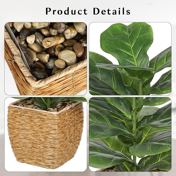 Briful Fake Plants Potted Fiddle Leaf Fig Artificial Plants Indoor Realistic Greenery Faux Plants in Square Plastic Rattan Baskets for Home Decor Farmhouse Office Weddings