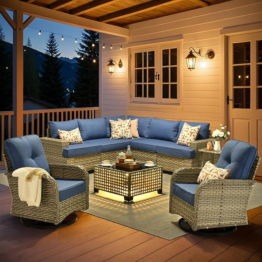 HOOOWOOO Outdoor Sectional Patio Furniture Set,9 Pieces Wicker Conversation Sets L Shaped Couch,Extra Deep Out Door Sofa Outside Furniture with Rocking Chairs,Denim Blue