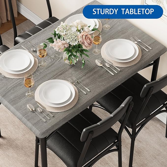 IDEALHOUSE Dining Table Set for 4, Kitchen Table with Chairs for 4, Rectangular Wood Dining Room Table Set with Upholstered Bench for Small Space, Dinner, Apartment, Retro Gray