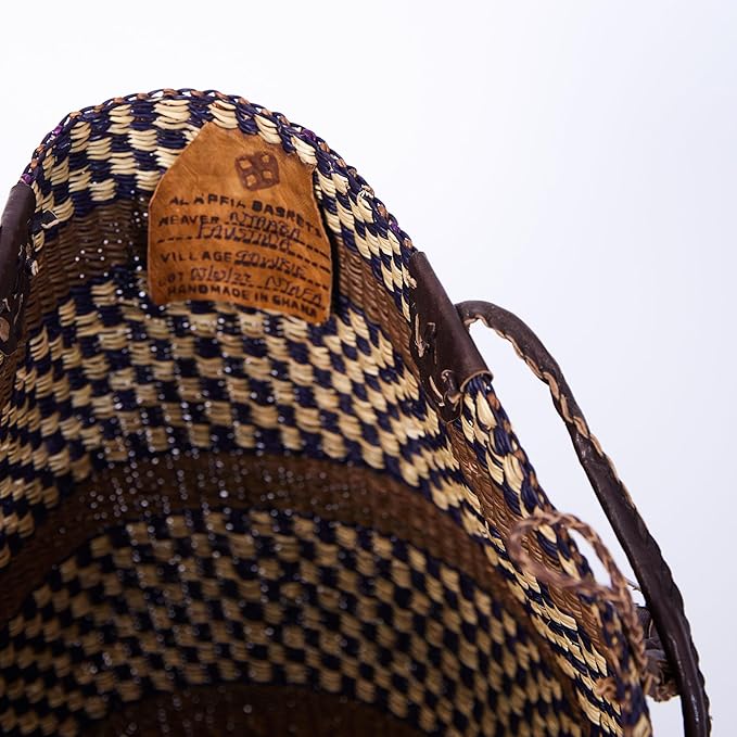AYÉYA Handwoven African Shoulder Tote Basket – Large Market Bag with Leather Straps – One-of-a-Kind Wicker Garden, Harvest, or Shopping Basket – Handmade in Ghana