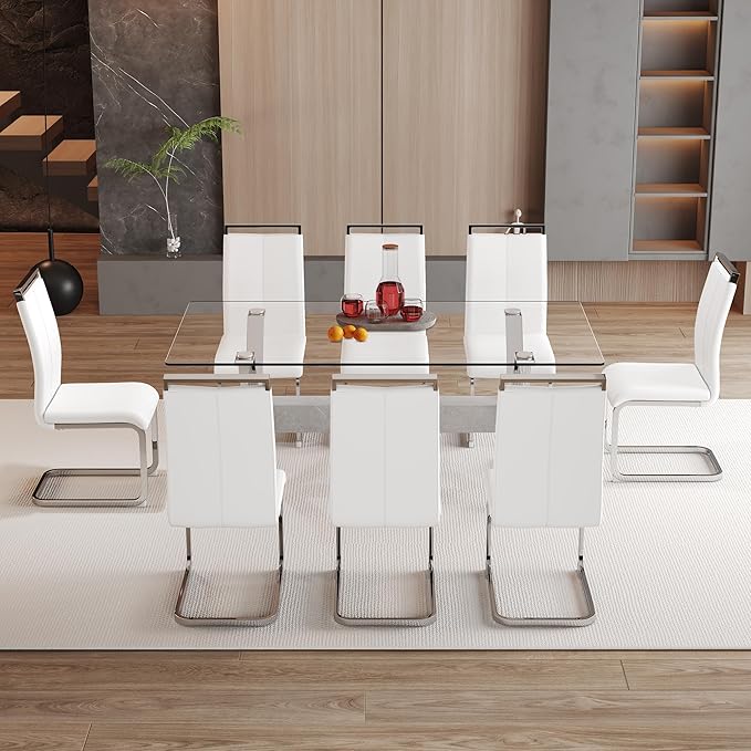 9 Piece Glass Dining Table Set, Kitchen Table Chairs Set for 8, 71'' Dining Table with 0.4" Tempered Glass Tabletop with Plated Metal Legs and MDF Crossbar, 8 PU Chairs for Dining Room, Kitchen.