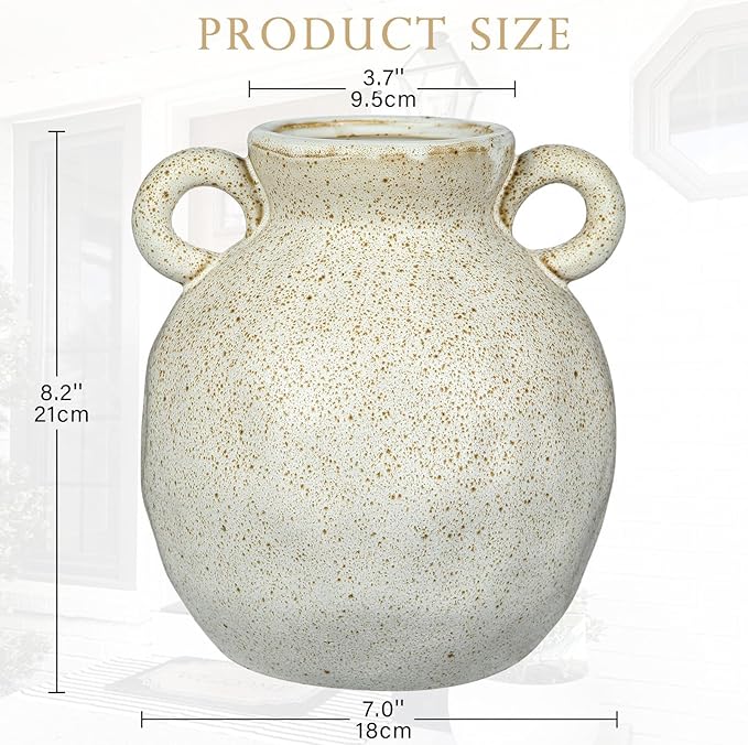 Rustic Ceramic Farmhouse Flower Vase with 2 Handles, Large Vases for Home Decors, Living Room, Bookshelf, Office, Grand Millennial Decor 8.2 Inch