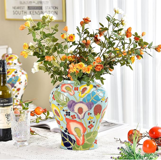 Sungmor Decorative Ceramic Ginger Jar with Lid, Floral Pattern Porcelain Temple Storage Jar, 14" Hand Painted Ceramic Flower Vase for Centerpiece, Blue Glazed Vase for Flower Arrangement, Home Decor