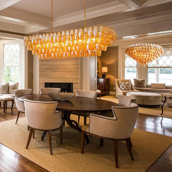 54" Gold Rectangular Chandeliers for Dining Room, 12-Light 4 Tiered Large Smoke Glass Brass Chandelier, Modern Kitchen Island Farmhouse Hanging Light Fixture for Living Room Foyer